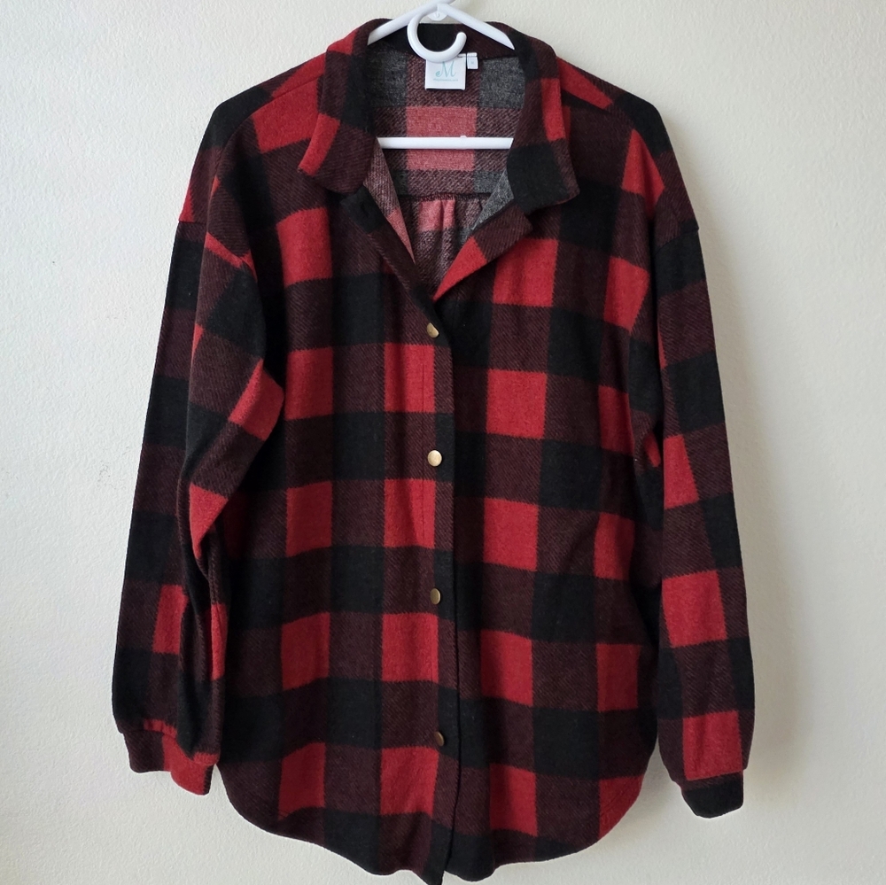 Mint Stay Here Red Buffalo Plaid Button Down Fleece Shirt - Picture 2 of 5